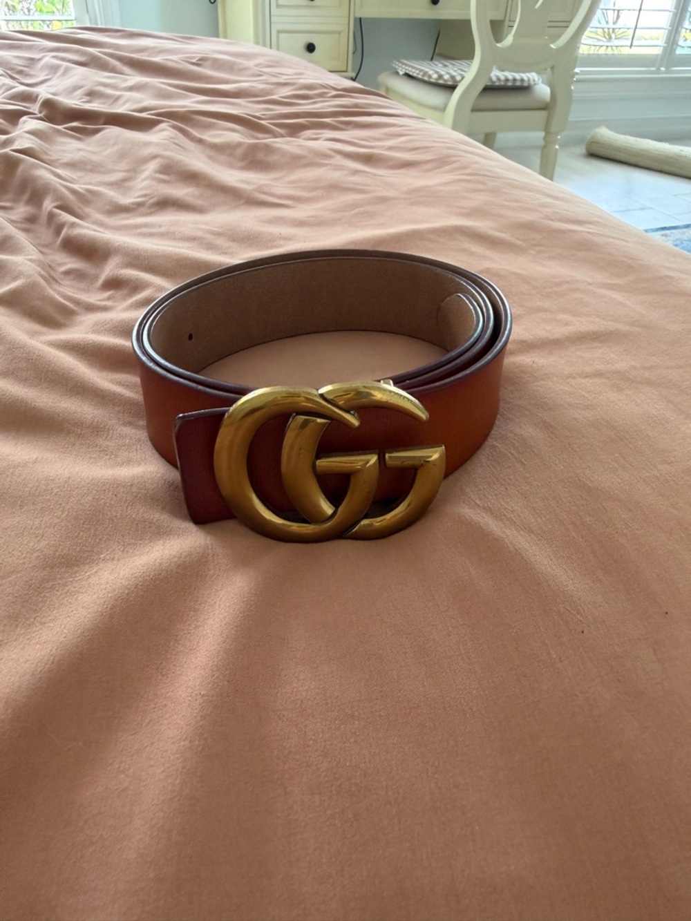 Double G Buckle Leather Belt in Tan with Gold Hardware